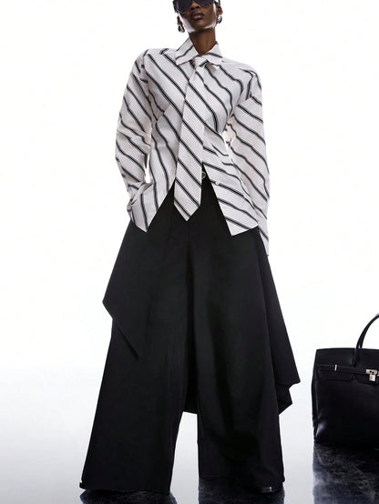 LYSMO Women's Black And White Striped Long Sleeve Shirt,Chic Autumn Office Back-To-School Minimalist Ultra-Wide Paded Shoulder Tie-Collar Waist-Tie Blouse