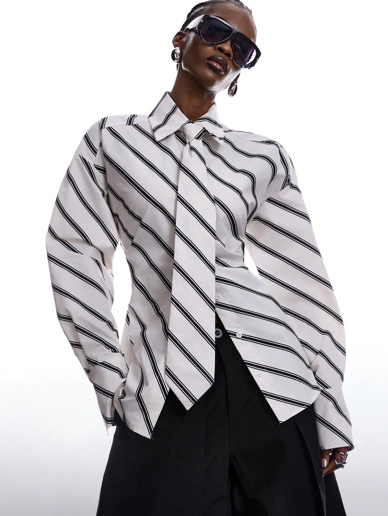 LYSMO Women's Black And White Striped Long Sleeve Shirt,Chic Autumn Office Back-To-School Minimalist Ultra-Wide Paded Shoulder Tie-Collar Waist-Tie Blouse