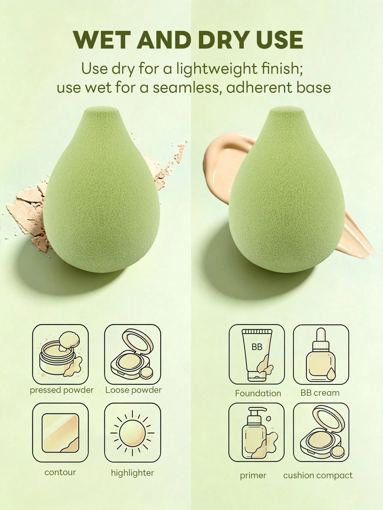 MAANGE 1/6/12pcs Green Professional Makeup Sponges, Soft And Dual-Use For Wet And Dry Application, Daily Makeup Accessory, Travel-Friendly Portable Pack, Gift For Girls