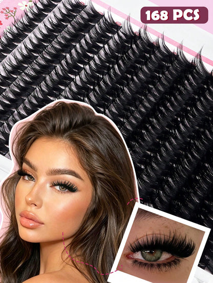 MAANGE 168 Clusters Dense Cross-Grafted Eyelash Clusters, Cross-Amplified Eyes, Cat Eye Eyelash Clusters, Large Capacity Eyelash Cluster Box, Long-Lasting Curly Natural Curl Eyelash Clusters Extension