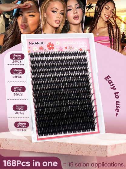 MAANGE 168 Clusters Dense Cross-Grafted Eyelash Clusters, Cross-Amplified Eyes, Cat Eye Eyelash Clusters, Large Capacity Eyelash Cluster Box, Long-Lasting Curly Natural Curl Eyelash Clusters Extension