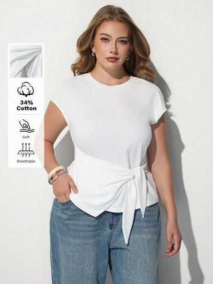 Maija Plus Size Summer Casual Solid Color Tie-Front T-Shirt