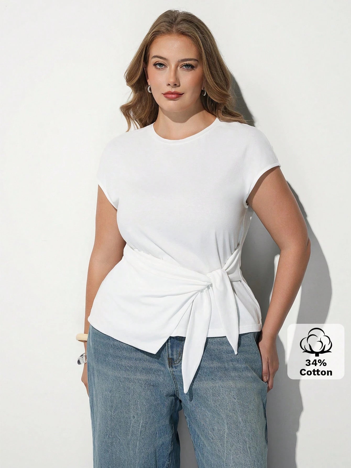 Maija Plus Size Summer Casual Solid Color Tie-Front T-Shirt