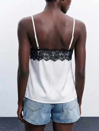 Maija Women's Black And White Elegant Lace Cami Top, Chic Comfortable Strap Summer Night Vacation Business Casual Party Top Autumn Halloween