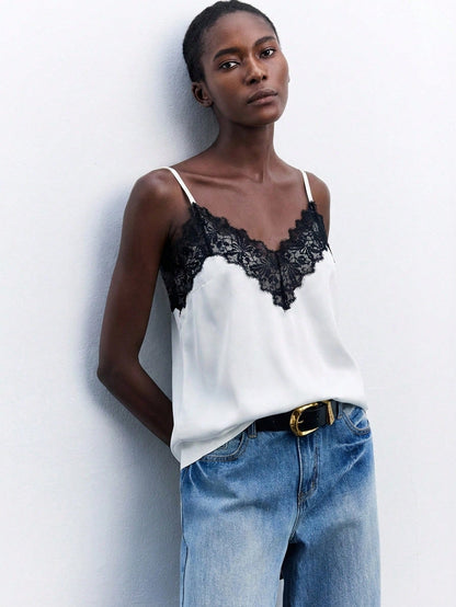 Maija Women's Black And White Elegant Lace Cami Top, Chic Comfortable Strap Summer Night Vacation Business Casual Party Top Autumn Halloween