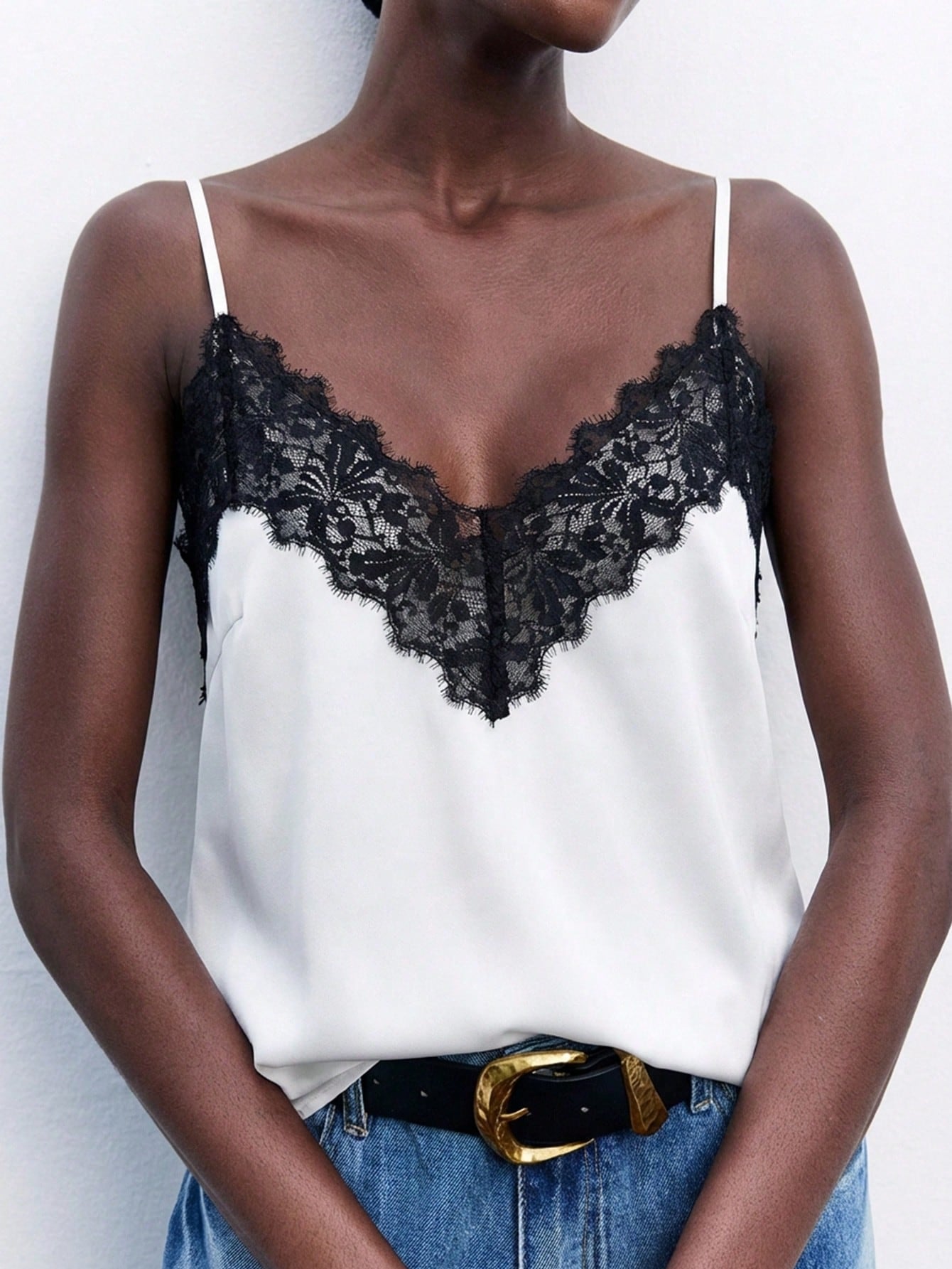 Maija Women's Black And White Elegant Lace Cami Top, Chic Comfortable Strap Summer Night Vacation Business Casual Party Top Autumn Halloween
