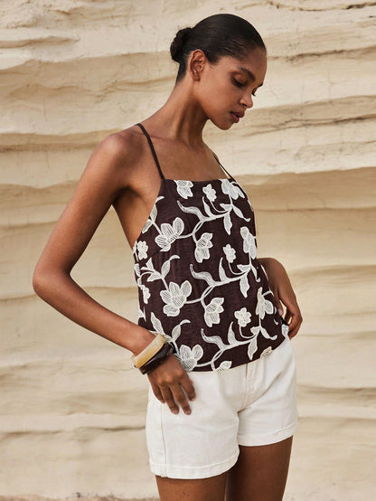 MAIJA Women's Brown Floral Cami Top, Boho Holiday Vacation Summers, Coastal Chic Sleeveless For Beach