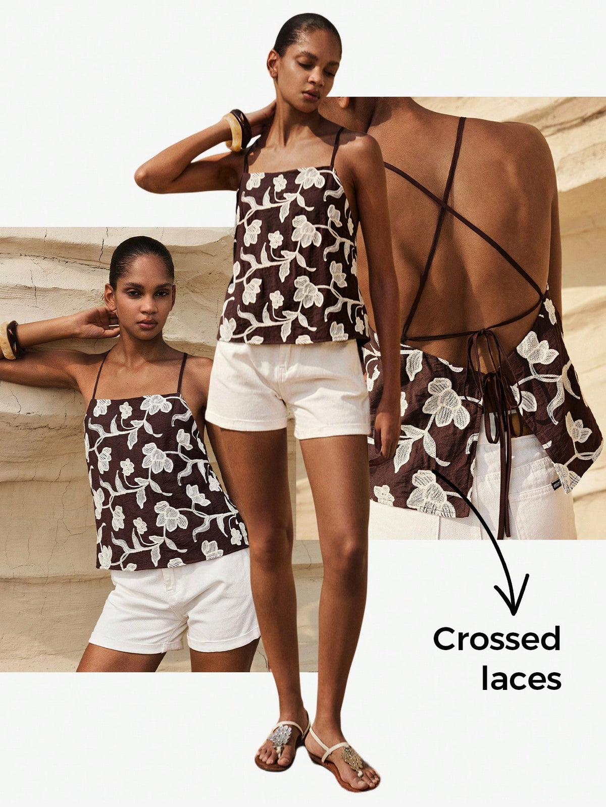 MAIJA Women's Brown Floral Cami Top, Boho Holiday Vacation Summers, Coastal Chic Sleeveless For Beach