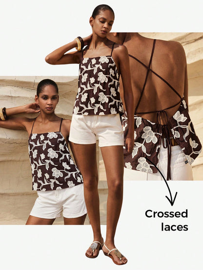 MAIJA Women's Brown Floral Cami Top, Boho Holiday Vacation Summers, Coastal Chic Sleeveless For Beach