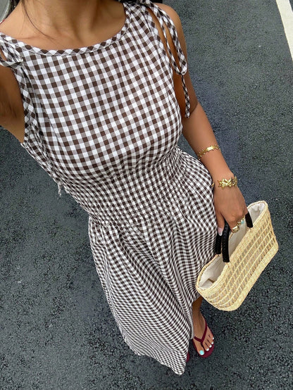 MainGRL Coffee Brown Regular Casual Vacation Party Versatile Mid-Length Dress For Women,Summer Dresses For Women