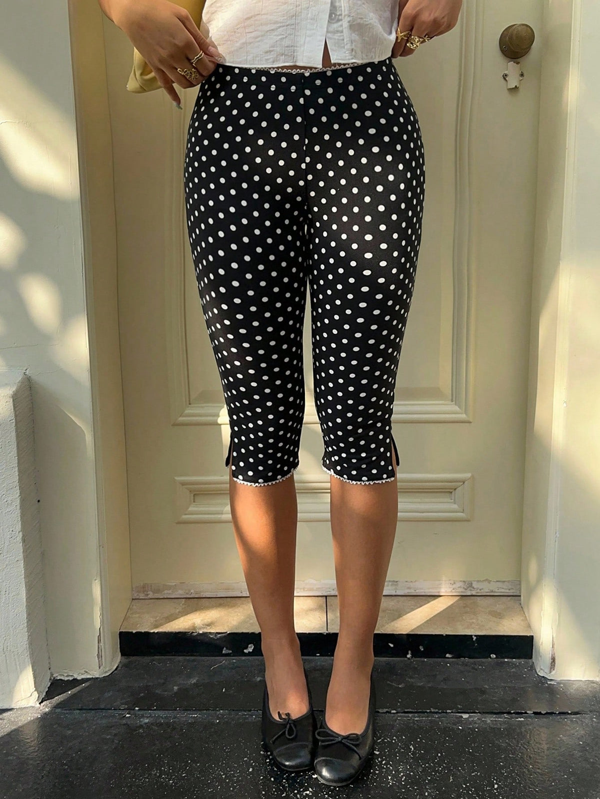 MainGRL Women Casual French Vintage Capris Black Polka Dot Print Slim Fit Shorts,Going Out Everyday Date Night Panlakad,Back To School, Summer