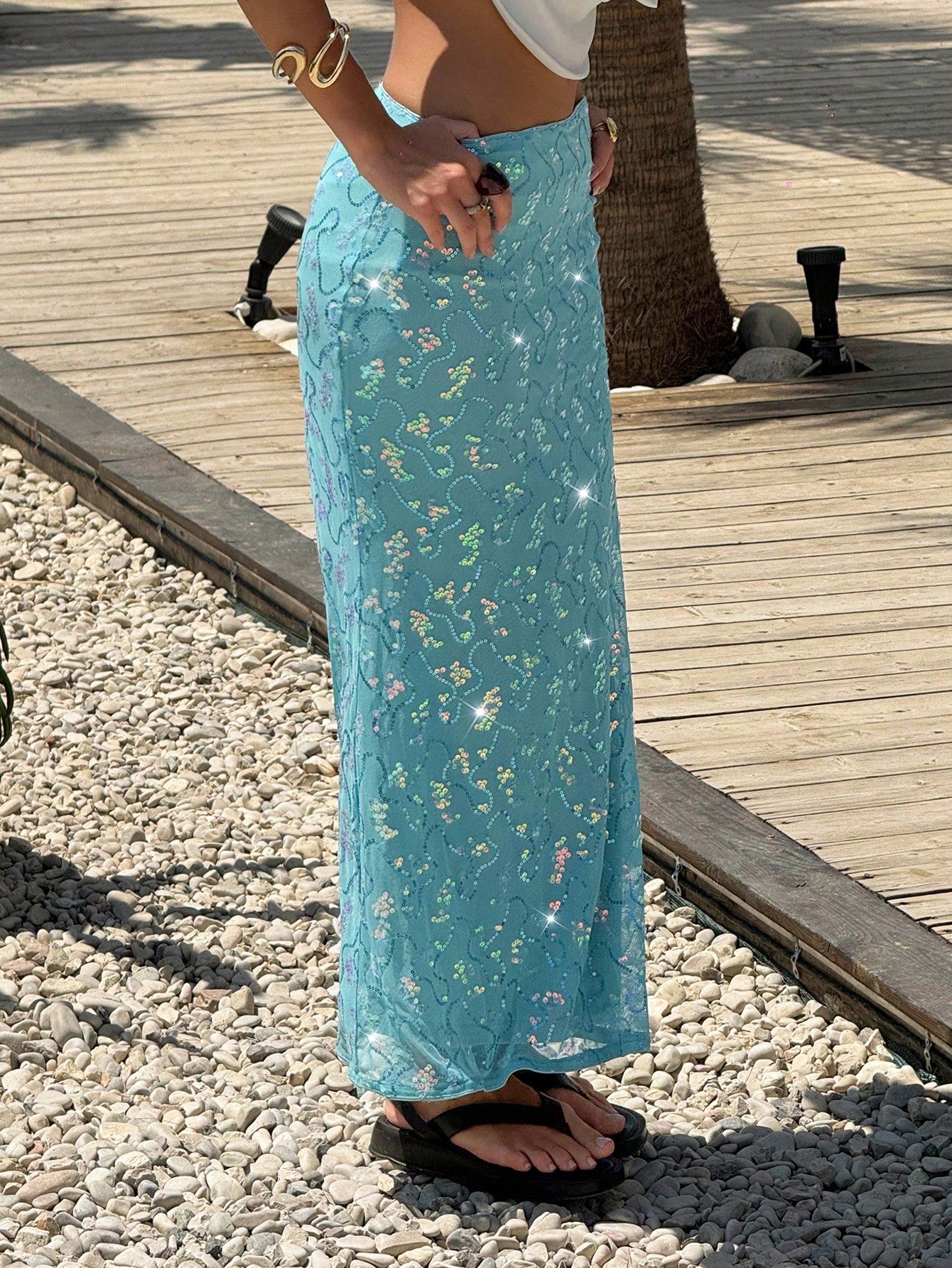 MainGRL Women's Clothing Casual Elegant Holiday Beach Seaside Sequins Embroidery Style Blue Sequins Decoration Fishtail Hem Mermaid Skirt
