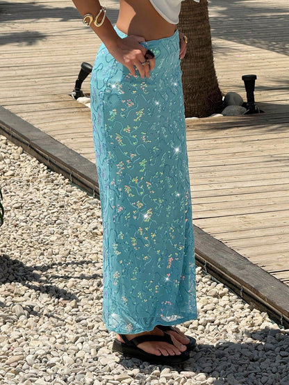 MainGRL Women's Clothing Casual Elegant Holiday Beach Seaside Sequins Embroidery Style Blue Sequins Decoration Fishtail Hem Mermaid Skirt