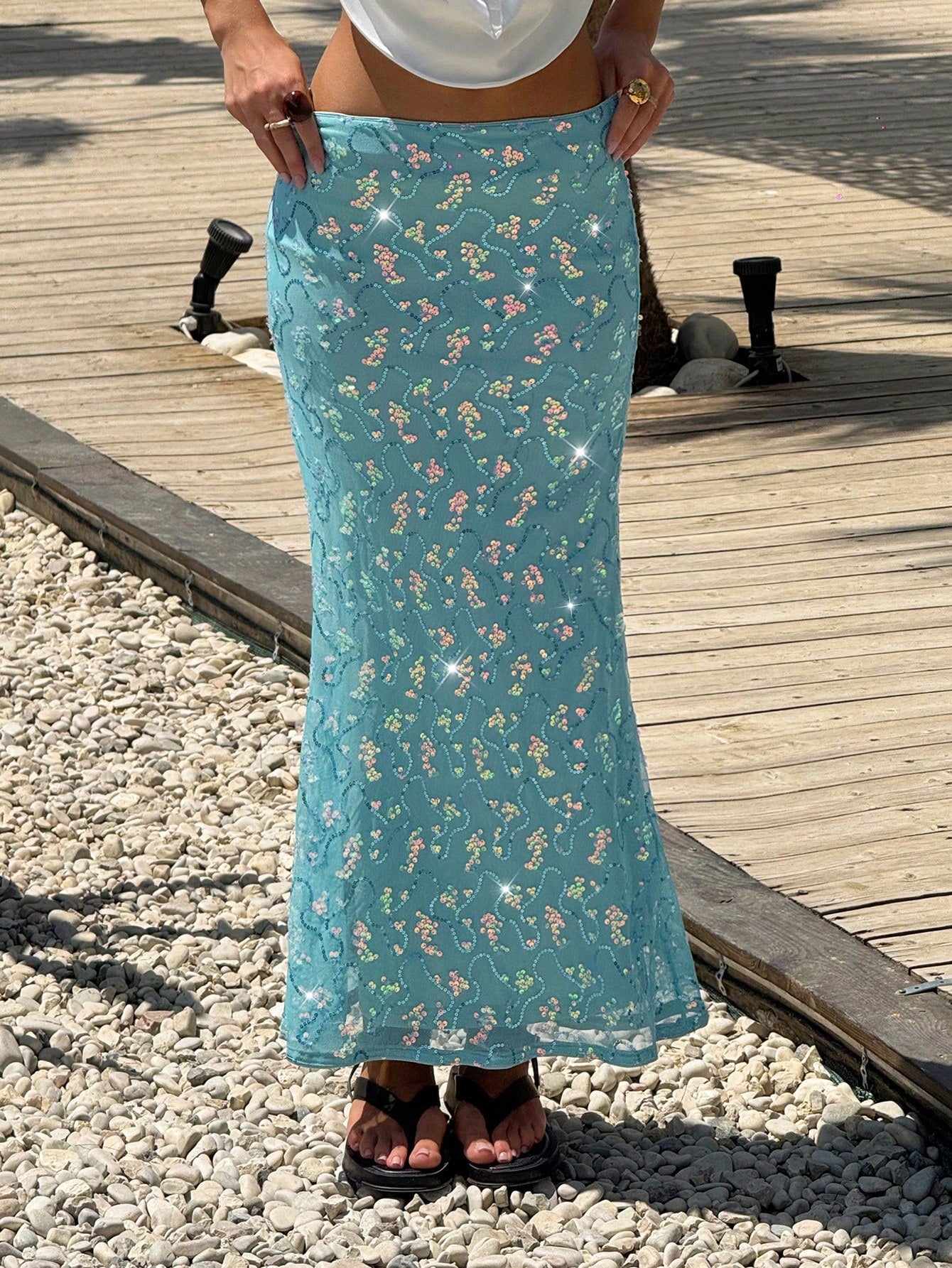 MainGRL Women's Clothing Casual Elegant Holiday Beach Seaside Sequins Embroidery Style Blue Sequins Decoration Fishtail Hem Mermaid Skirt