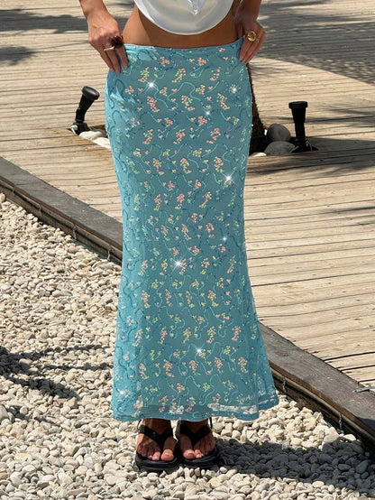 MainGRL Women's Clothing Casual Elegant Holiday Beach Seaside Sequins Embroidery Style Blue Sequins Decoration Fishtail Hem Mermaid Skirt
