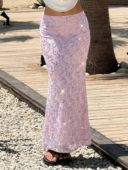 MainGRL Women's Clothing Casual Elegant Holiday Beach Seaside Sequins Embroidery Style Blue Sequins Decoration Fishtail Hem Mermaid Skirt