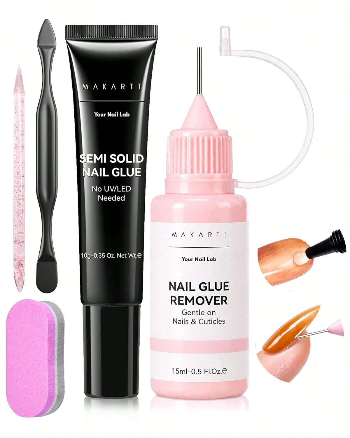 Makartt Press On Nail Glue And Remover Kit, 10g Semi-Solid Glue Air Dry In 20s With Adjustable Time For Beginners, 15ML Acetone-Free Debonder With Jojoba Oil For Press-On DIY Users, No UV Lamp Needed