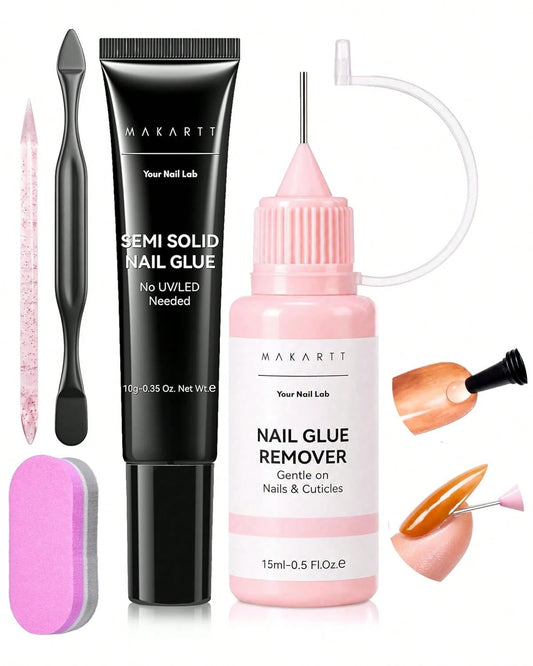 Makartt Press On Nail Glue And Remover Kit, 10g Semi-Solid Glue Air Dry In 20s With Adjustable Time For Beginners, 15ML Acetone-Free Debonder With Jojoba Oil For Press-On DIY Users, No UV Lamp Needed