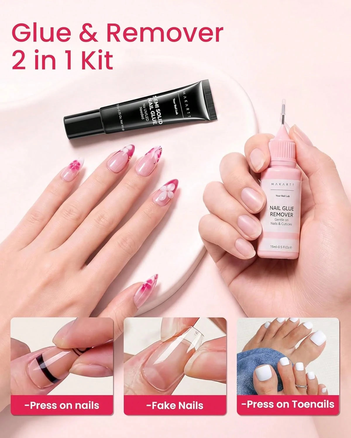 Makartt Press On Nail Glue And Remover Kit, 10g Semi-Solid Glue Air Dry In 20s With Adjustable Time For Beginners, 15ML Acetone-Free Debonder With Jojoba Oil For Press-On DIY Users, No UV Lamp Needed
