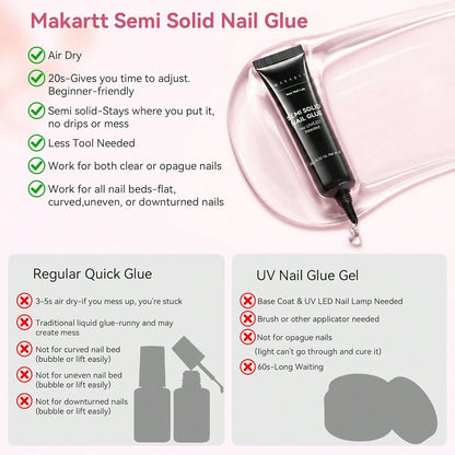 Makartt Press On Nail Glue And Remover Kit, 10g Semi-Solid Glue Air Dry In 20s With Adjustable Time For Beginners, 15ML Acetone-Free Debonder With Jojoba Oil For Press-On DIY Users, No UV Lamp Needed