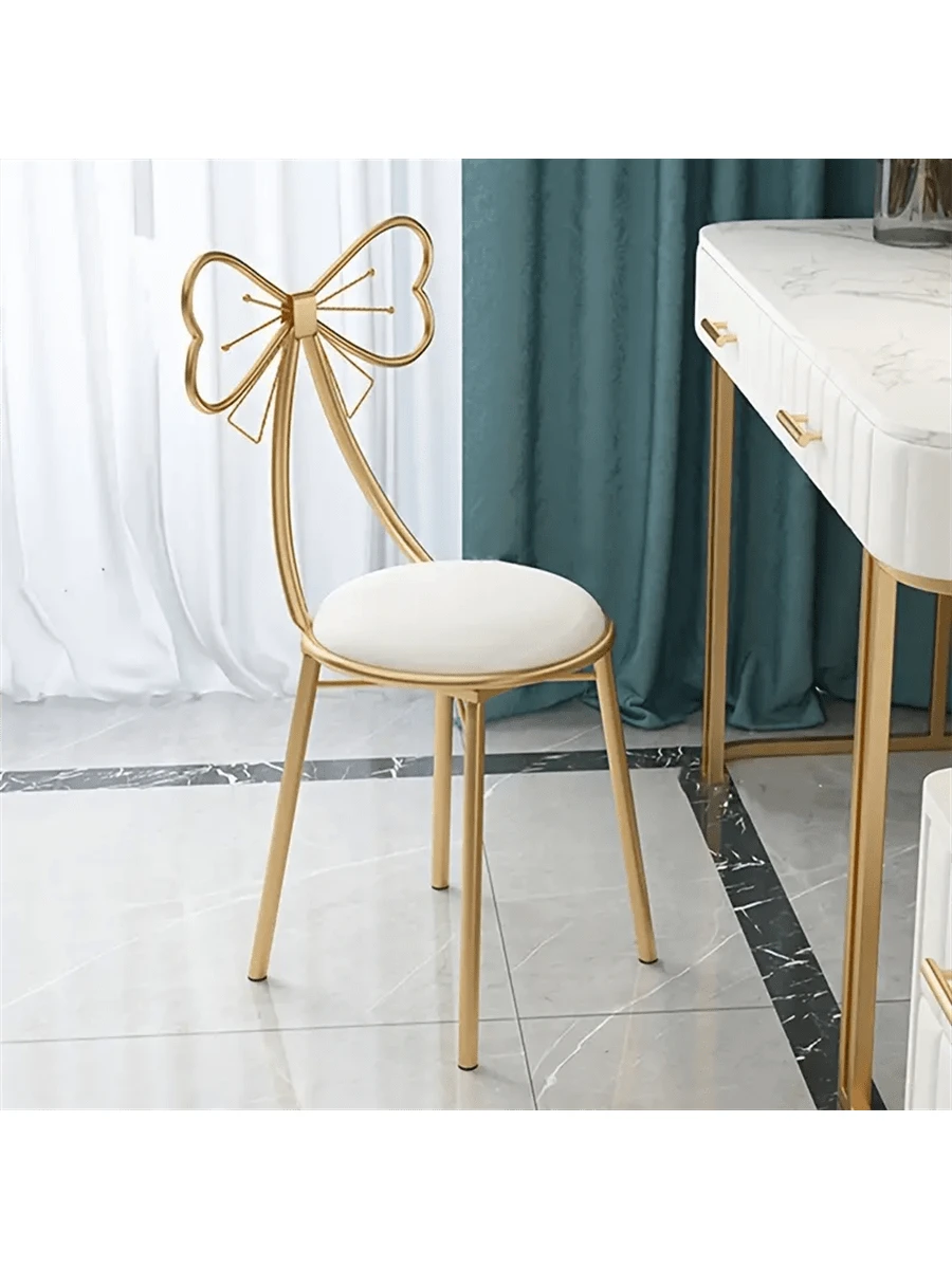Makeup Vanity Girl Chairs Stool For Bedroom With Bow Knot Backrest,Side Table Seat Dressing Chair With Golden Metal Leg,Velvet Cushion For Girl Daughter Room