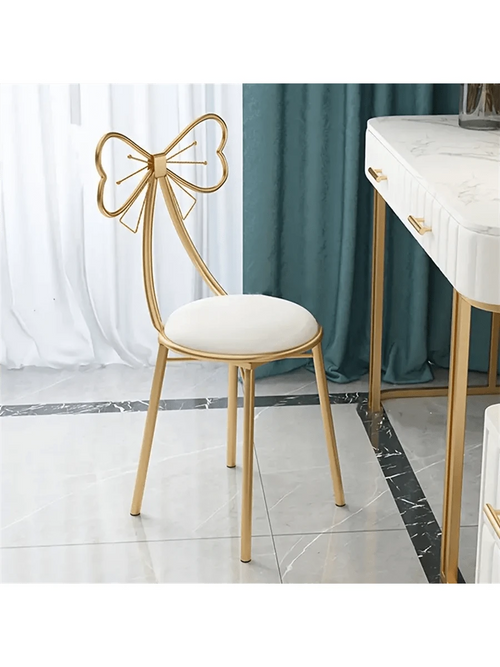Makeup Vanity Girl Chairs Stool For Bedroom With Bow Knot Backrest,Side Table Seat Dressing Chair With Golden Metal Leg,Velvet Cushion For Girl Daughter Room