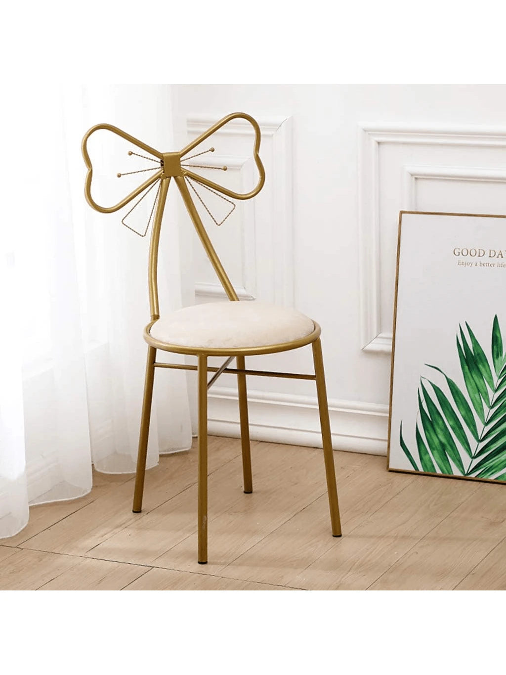 Makeup Vanity Girl Chairs Stool For Bedroom With Bow Knot Backrest,Side Table Seat Dressing Chair With Golden Metal Leg,Velvet Cushion For Girl Daughter Room