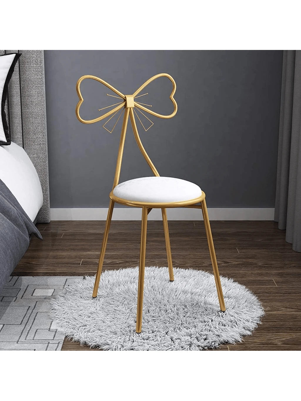 Makeup Vanity Girl Chairs Stool For Bedroom With Bow Knot Backrest,Side Table Seat Dressing Chair With Golden Metal Leg,Velvet Cushion For Girl Daughter Room