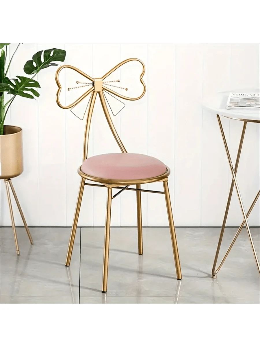 Makeup Vanity Girl Chairs Stool For Bedroom With Bow Knot Backrest,Side Table Seat Dressing Chair With Golden Metal Leg,Velvet Cushion For Girl Daughter Room