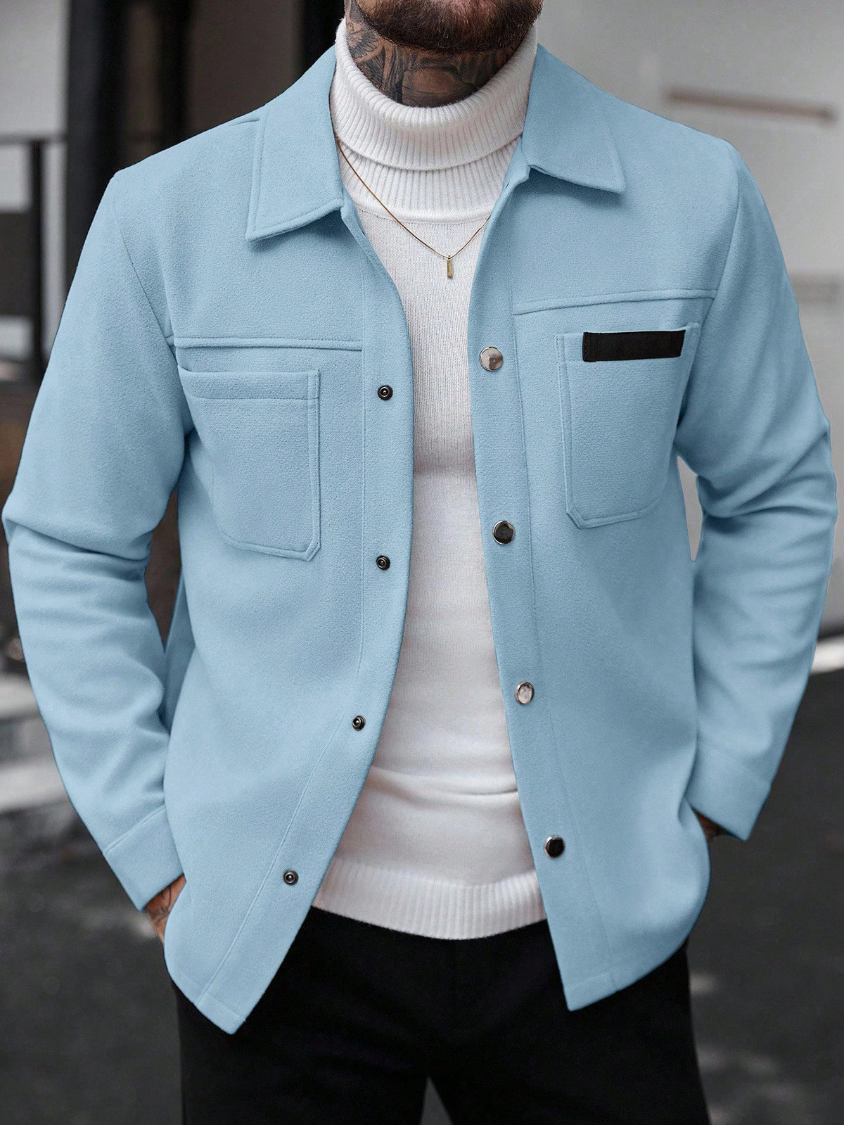 Manfinity CasualCool Men Solid Color Casual Overcoat, Suitable For Autumn And Winter Sky Blue Button Overcoat