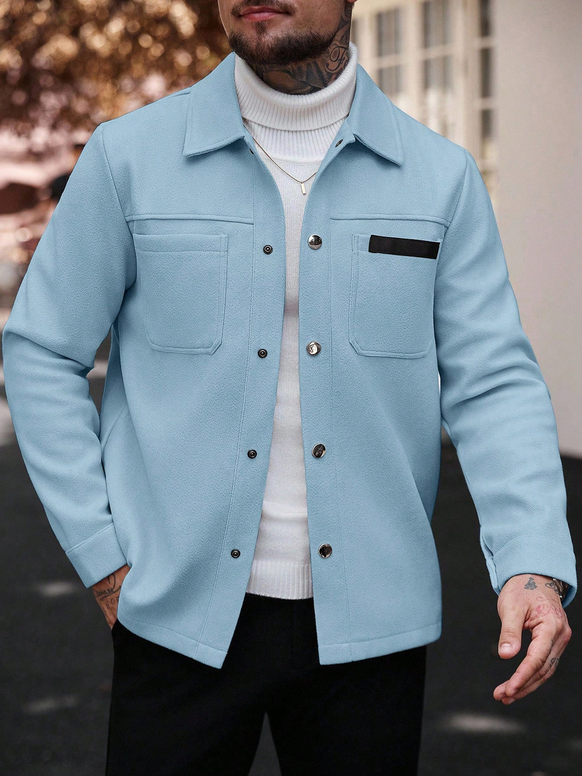 Manfinity CasualCool Men Solid Color Casual Overcoat, Suitable For Autumn And Winter Sky Blue Button Overcoat