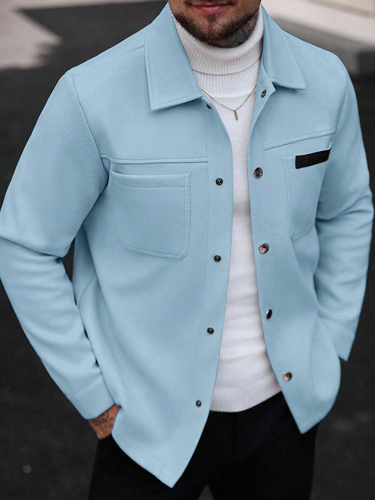 Manfinity CasualCool Men Solid Color Casual Overcoat, Suitable For Autumn And Winter Sky Blue Button Overcoat
