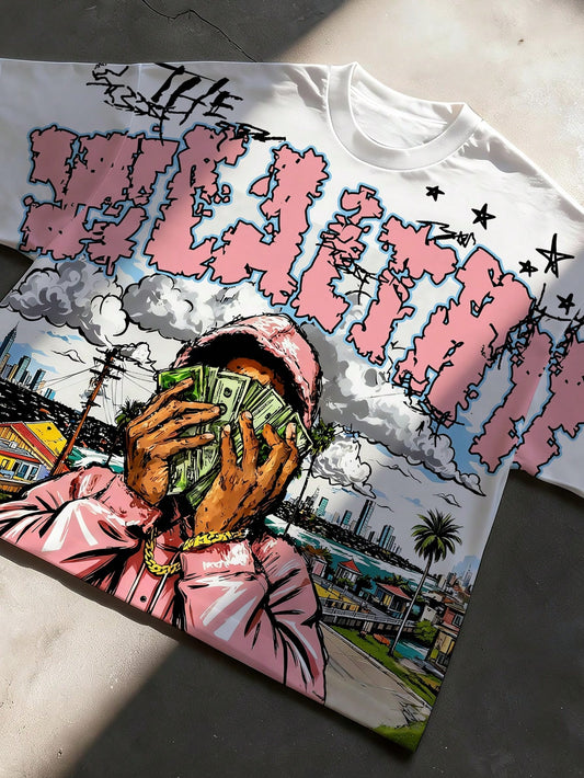 Manfinity EMRG Men's Casual Daily Wear, Essential For Outings, INS Style, Young Street Graffiti Loose Oversized Short T-Shirt