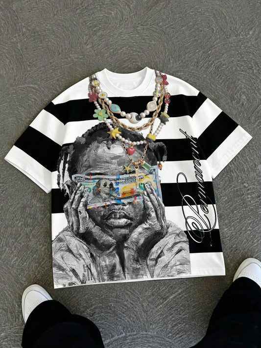 Manfinity EMRG Men's Streetwear Short Sleeve T-Shirt, Black And White Striped Portrait Dollar Bill Print Retro American Style Tee, Summer Street Wear Holiday