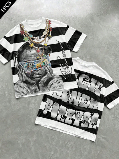 Manfinity EMRG Men's Streetwear Short Sleeve T-Shirt, Black And White Striped Portrait Dollar Bill Print Retro American Style Tee, Summer Street Wear Holiday