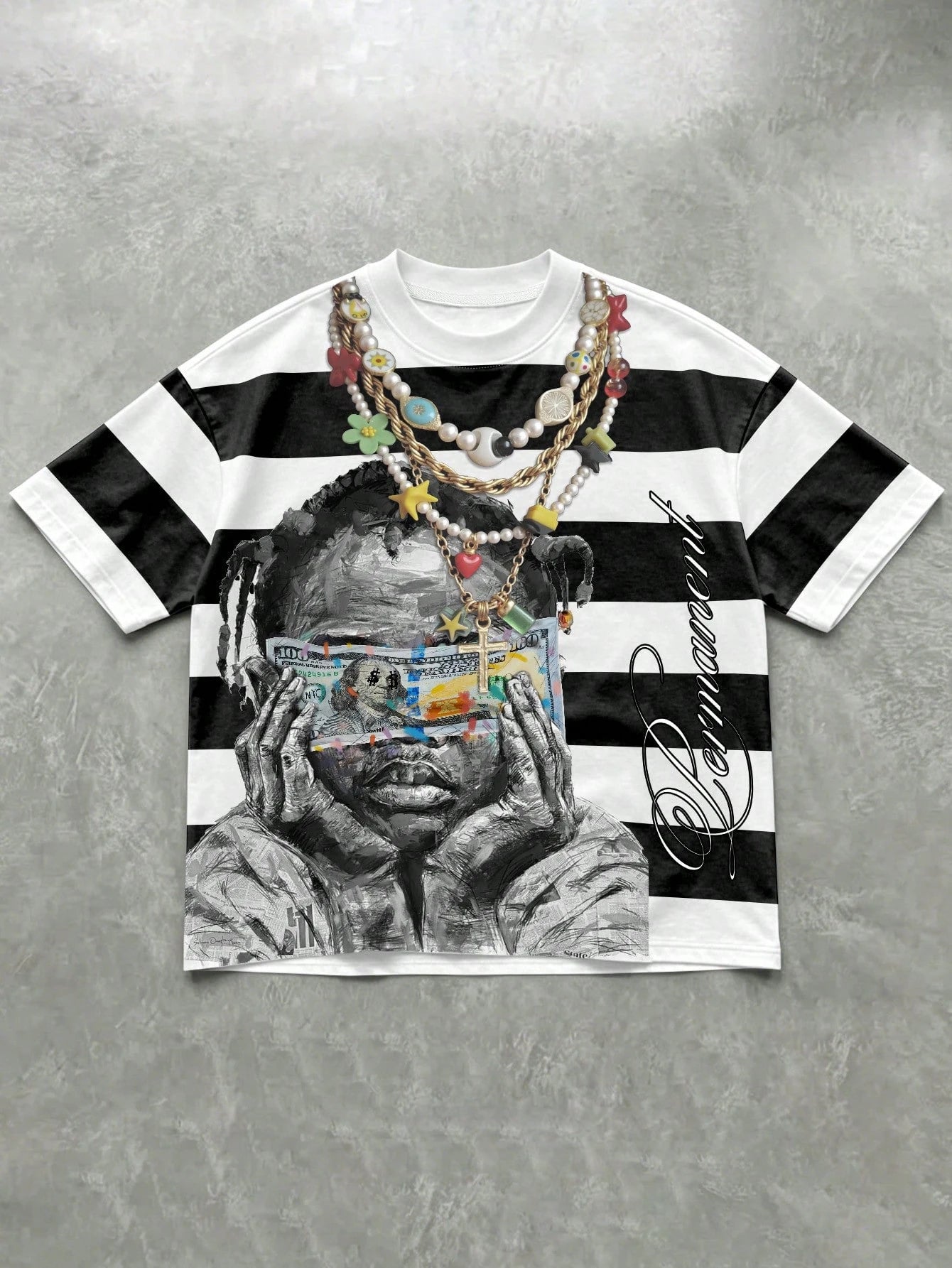 Manfinity EMRG Men's Streetwear Short Sleeve T-Shirt, Black And White Striped Portrait Dollar Bill Print Retro American Style Tee, Summer Street Wear Holiday