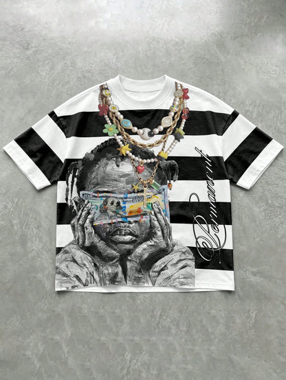 Manfinity EMRG Men's Streetwear Short Sleeve T-Shirt, Black And White Striped Portrait Dollar Bill Print Retro American Style Tee, Summer Street Wear Holiday