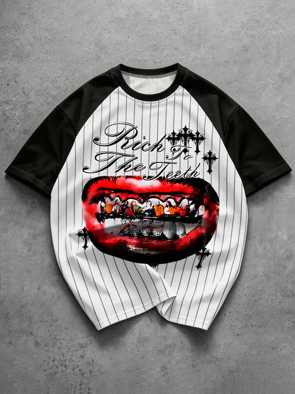Manfinity EMRG Men's Streetwear Short Sleeve T-Shirt, Black And White Striped Portrait Dollar Bill Print Retro American Style Tee, Summer Street Wear Holiday