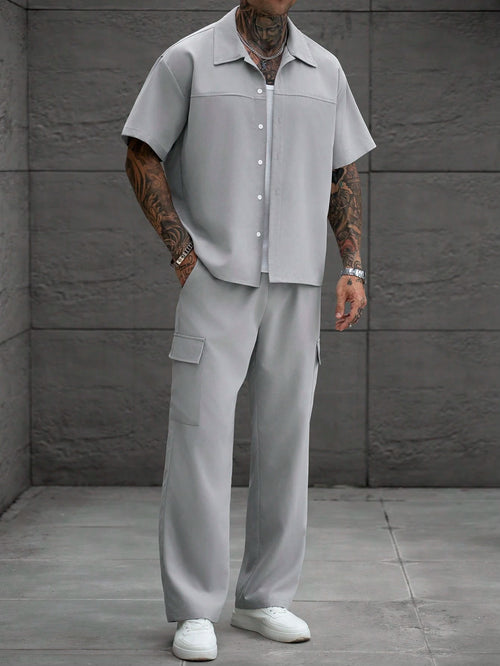 Manfinity Homme Men's Plus Size Light Gray Short Sleeve Shirt & Cargo Pants Set