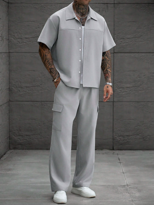 Manfinity Homme Men's Plus Size Light Gray Short Sleeve Shirt & Cargo Pants Set