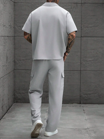 Manfinity Homme Men's Plus Size Light Gray Short Sleeve Shirt & Cargo Pants Set