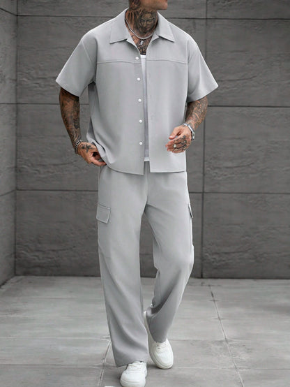 Manfinity Homme Men's Plus Size Light Gray Short Sleeve Shirt & Cargo Pants Set