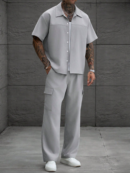 Manfinity Homme Men's Plus Size Light Gray Short Sleeve Shirt & Cargo Pants Set