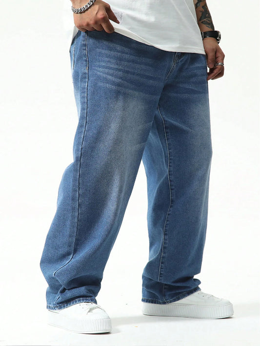 Manfinity Homme Plus Size Men Casual Baggy Jeans,Aqua Blue,Autumn,Streetwear,Evening Washed Dark Cargo Denim Pants For Husband Boyfriend,Commute Vacation Street Wear