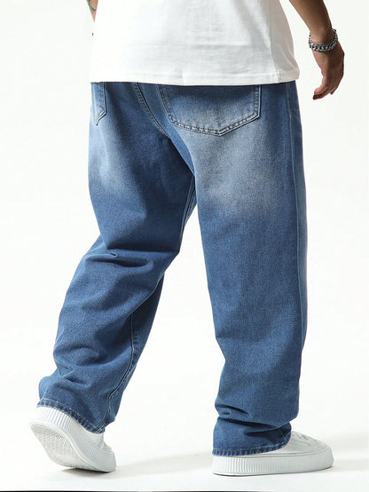 Manfinity Homme Plus Size Men Casual Baggy Jeans,Aqua Blue,Autumn,Streetwear,Evening Washed Dark Cargo Denim Pants For Husband Boyfriend,Commute Vacation Street Wear