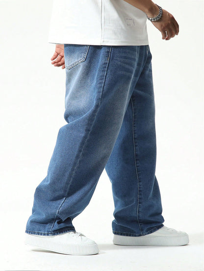 Manfinity Homme Plus Size Men Casual Baggy Jeans,Aqua Blue,Autumn,Streetwear,Evening Washed Dark Cargo Denim Pants For Husband Boyfriend,Commute Vacation Street Wear