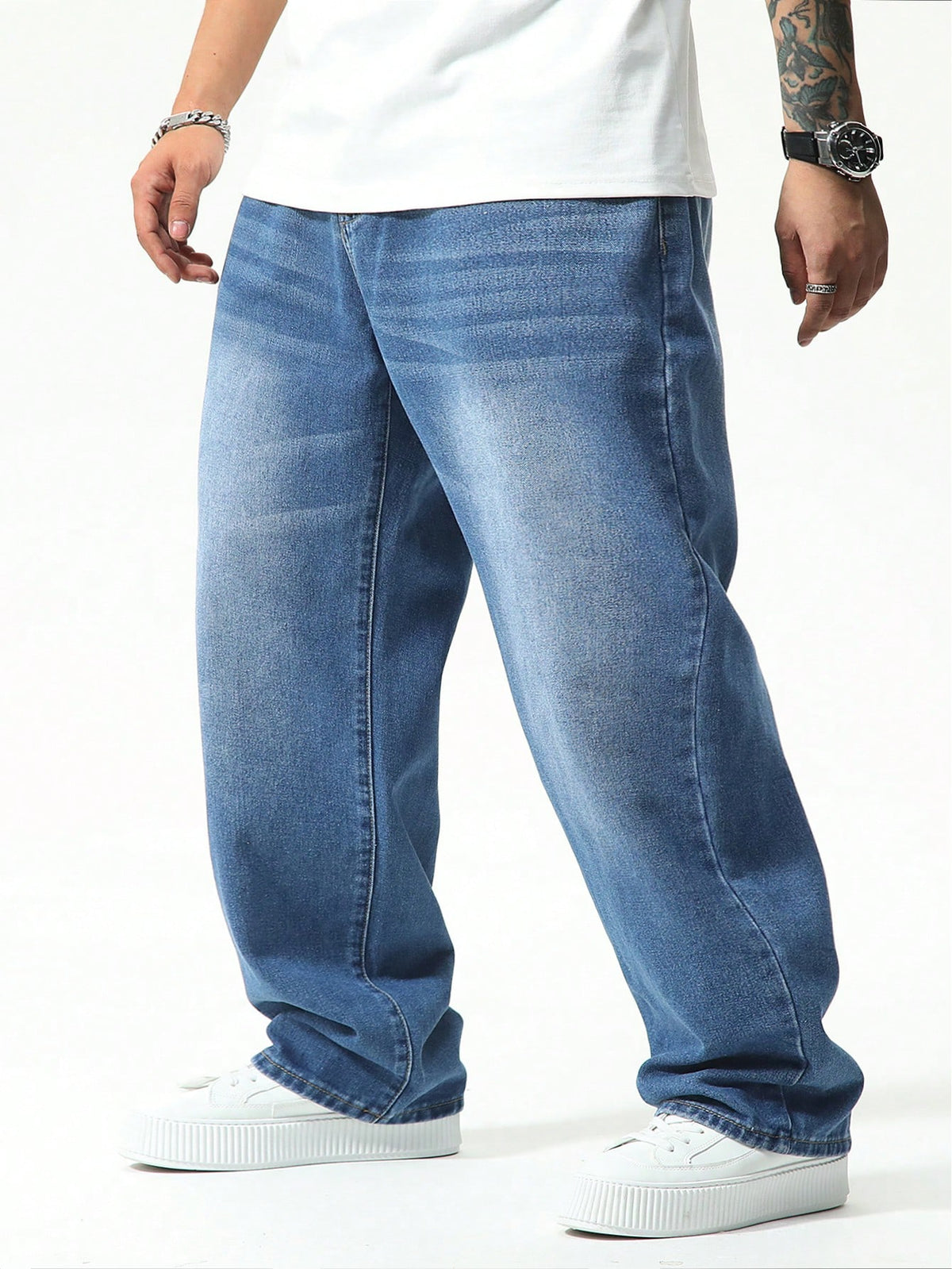 Manfinity Homme Plus Size Men Casual Baggy Jeans,Aqua Blue,Autumn,Streetwear,Evening Washed Dark Cargo Denim Pants For Husband Boyfriend,Commute Vacation Street Wear
