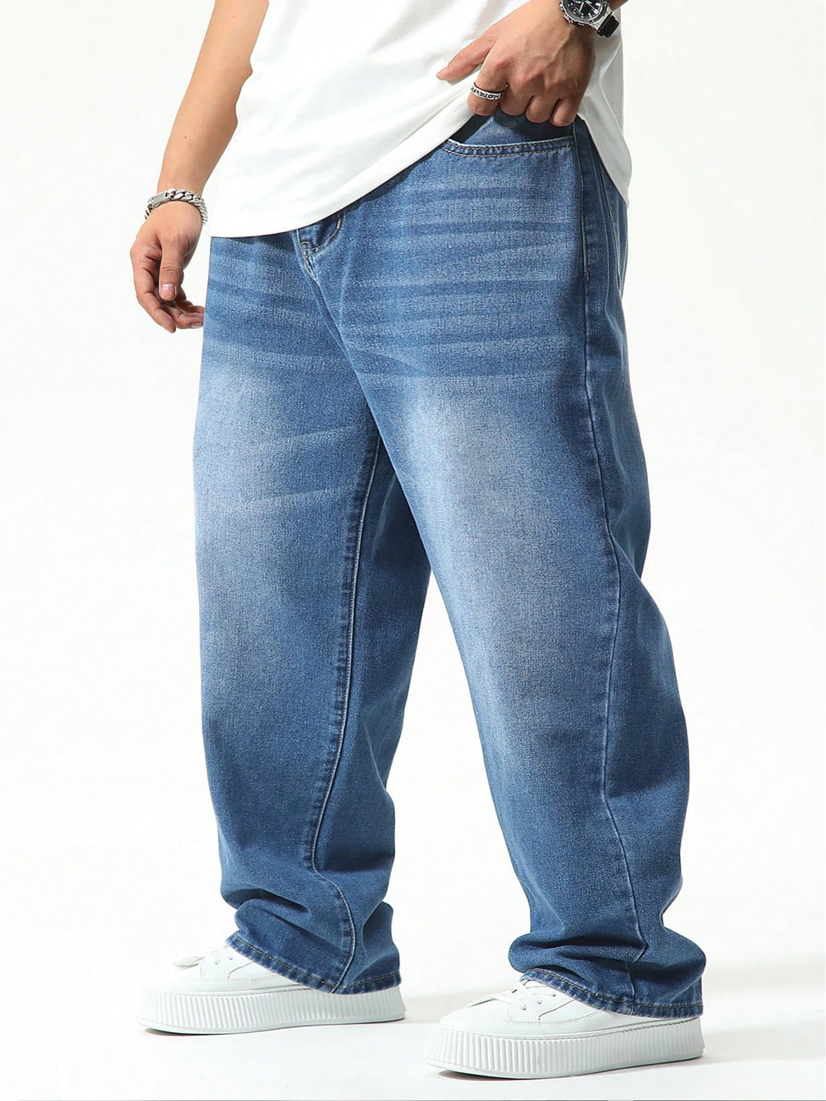 Manfinity Homme Plus Size Men Casual Baggy Jeans,Aqua Blue,Autumn,Streetwear,Evening Washed Dark Cargo Denim Pants For Husband Boyfriend,Commute Vacation Street Wear