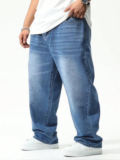 Manfinity Homme Plus Size Men Casual Baggy Jeans,Aqua Blue,Autumn,Streetwear,Evening Washed Dark Cargo Denim Pants For Husband Boyfriend,Commute Vacation Street Wear