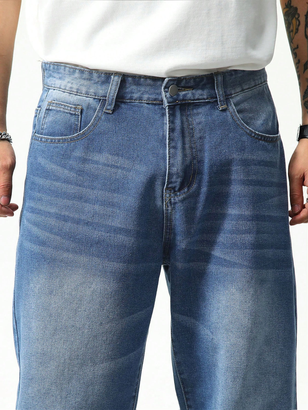 Manfinity Homme Plus Size Men Casual Baggy Jeans,Aqua Blue,Autumn,Streetwear,Evening Washed Dark Cargo Denim Pants For Husband Boyfriend,Commute Vacation Street Wear